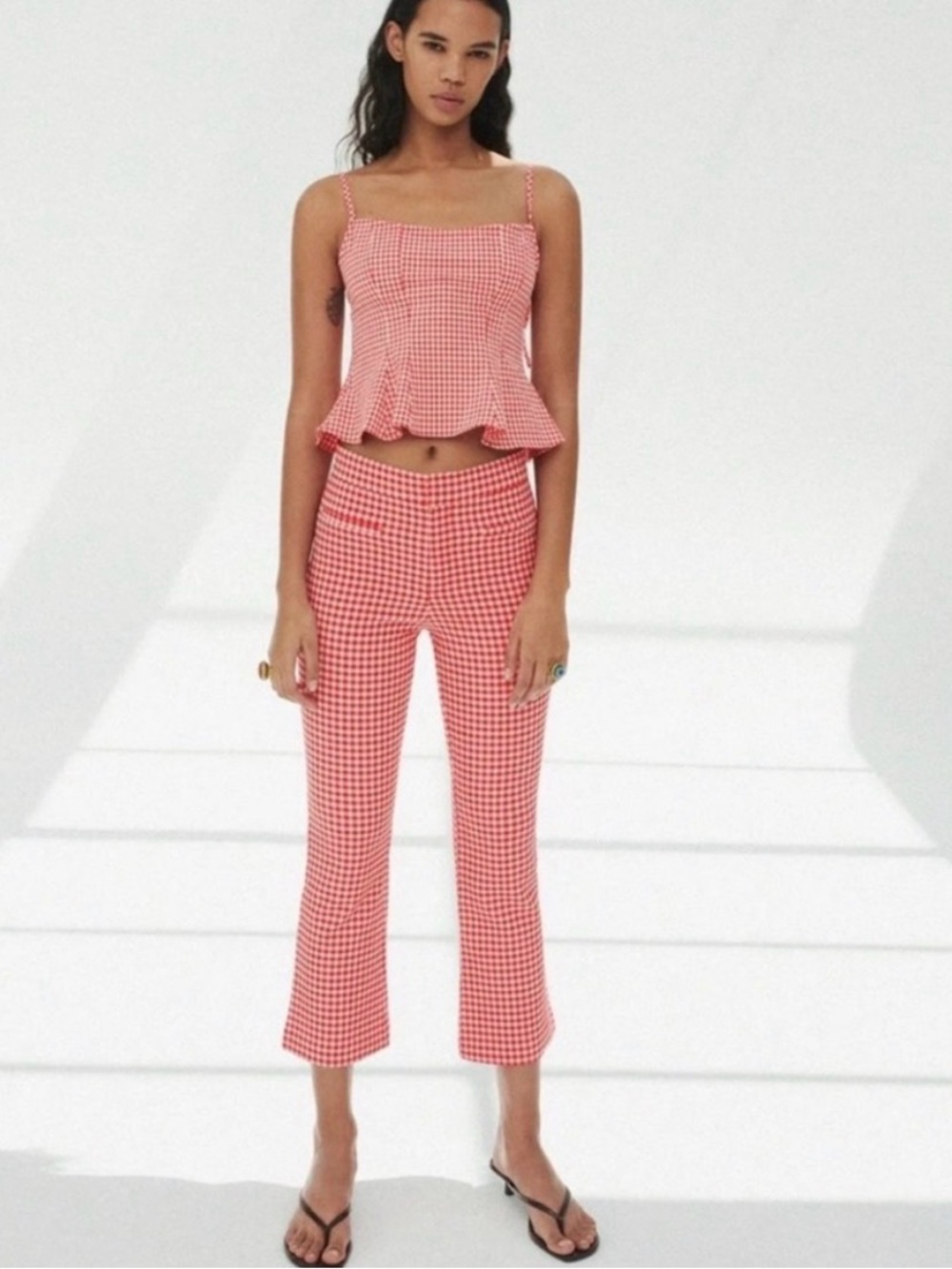 Zara Red and White Gingham Cropped Flare Pants, XS